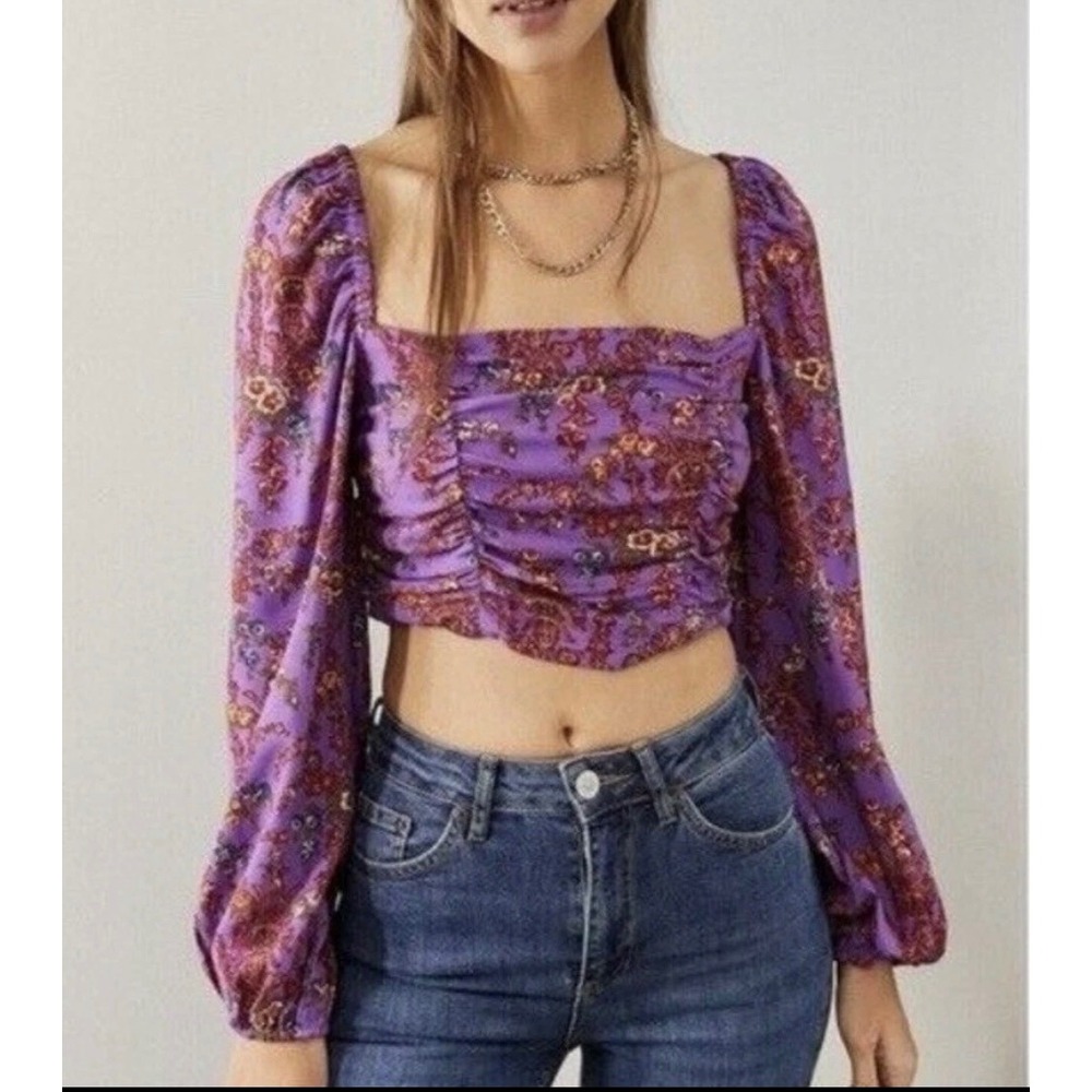 Urban Outfitters Purple Floral Ruched Square Neck Long Sleeve Crop Top‎ M